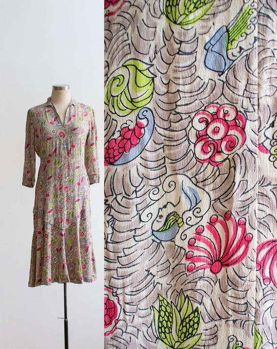 Vintage 1930s Cocktail Dress / Deco Lady Head Prin