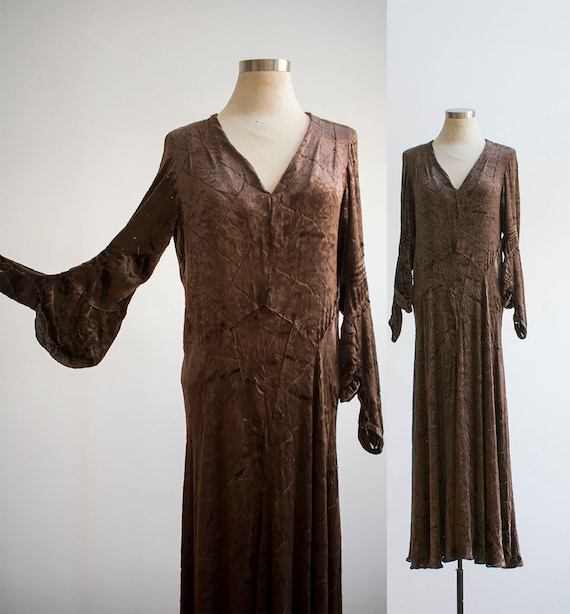 Brown Velour Gown / 1930s Burnout Dress / 1930s Bu
