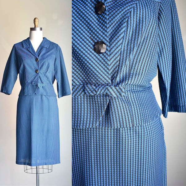 1950s Blue & Black 2pc Outfit / 1950s Jacket and Skirt / Vintage 2pc 1950s Outfit / Blue and Black 1950s Matched Set