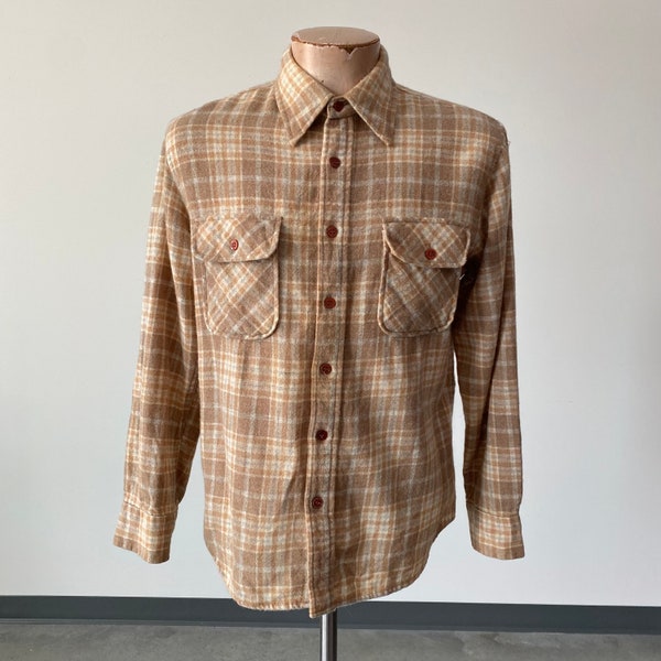 1980s Menswear Brown Plaid Flannel Shirt / Vintage Wool Plaid Button Down / 1970s Menswear / Vintage Plaid Wool Shirt / Wool Button Down