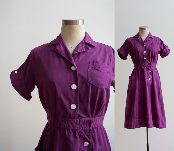 1960s Uniform Dress / Hand Dyed Purple Dress / Pur