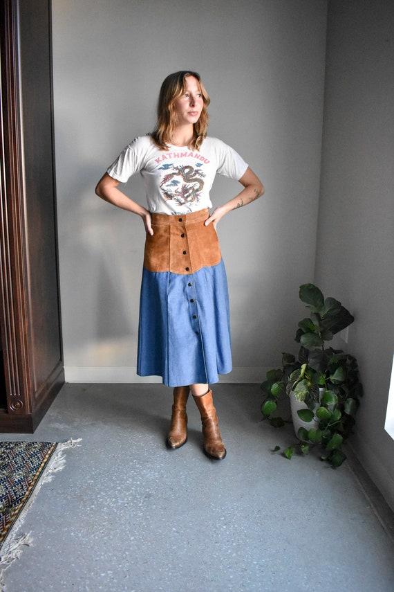 Vintage Suede & Denim A Line Skirt - image 4