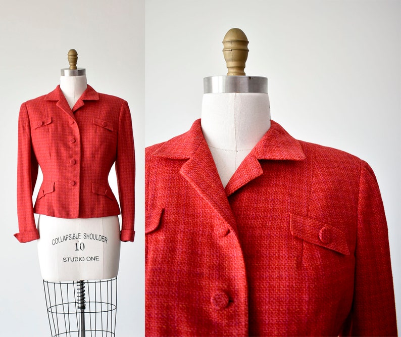 Blazer en laine rouge vintage des années 1950 / Blazer en laine rouge des années 1960 / Veste en tweed rouge / Veste vintage recadrée / Veste en laine rouge / Veste de costume des années 1960 image 1