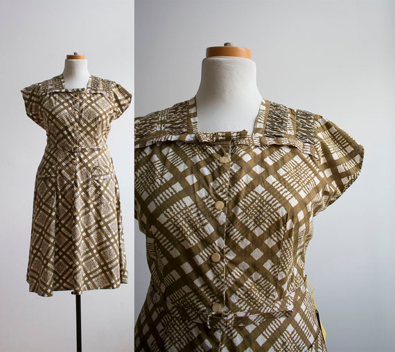 Vintage 1950s Shirt Dress / 1950s Green Plaid Dres
