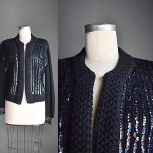 1970s Black Knit Sequin Cardigan / 70s Vintage Black Sequin Cardigan / 70s Black Cardigan /