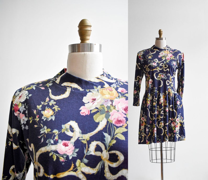 80s Navy Blue Floral Longsleeve Dress image 0