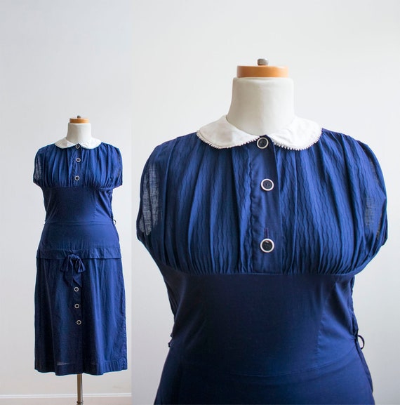 Vintage 1940s Dress / Cotton Sailor Dress / Navy B