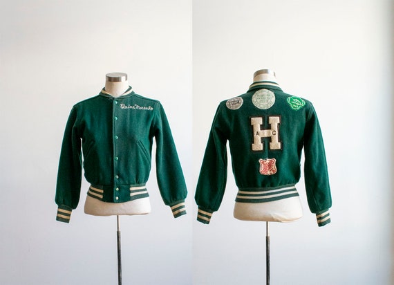 Vintage 1960s Letterman Jacket / Green Wool Letter