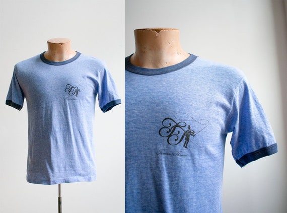 Vintage 1970s Blue Tshirt / Vintage Ringer Tshirt