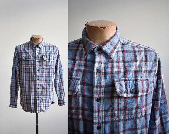 Vintage 1980s Plaid Flannel Shirt / Vintage Blue P