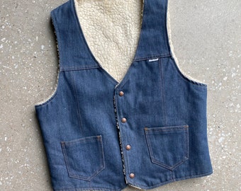 Vintage 1970s Nelson Denim Vest / Fleece Lined Denim Vest / Vintage Winter Denim Vest Mens Medium / Sherpa Lined Nelson Brand Denim Vest S