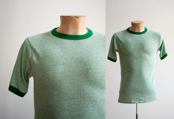 1970s Blank Ringer Tshirt / Vintage Green Ringer T