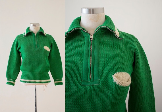 Vintage 1940s Knit Sweater / Heavyweight Green Swe