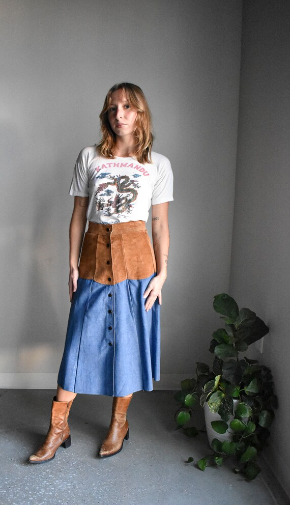 Vintage Suede & Denim A Line Skirt - image 3