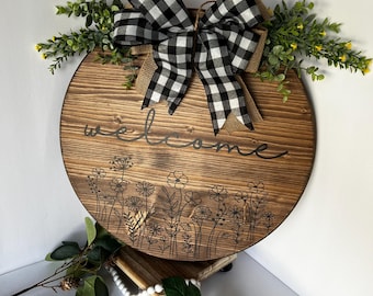 "Rustic Floral ""Willkommen"" Runde Türschild aus Holz."
