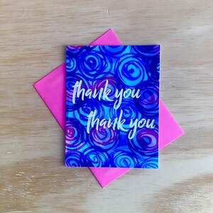 Bedankkaart, bedankbriefje, notitiekaart, dankbaarheidskaart, dankbare kaarten, aquarel, kaarten met enveloppen, magenta en blauw