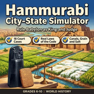 Puede incluir: Una portada de juego Hammurabi City-State Simulator con una estela negra, una tablilla de arcilla con texto cuneiforme y una balanza de latón. El fondo muestra una ciudad mesopotámica con canales y campos. El texto incluye Rule Babylon as King and Judge, 18 Court Cases, Real Laws of the Code, Canals, Grain and Salt y Grades 6-10 World History.