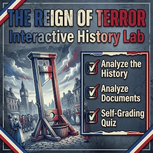 Peut inclure: Illustration d'une guillotine avec le texte "THE REIGN OF TERROR Interactive History Lab". L'image comprend des cases à cocher avec le texte "Analyze the History", "Analyze Documents" et "Self-Grading Quiz". Une scène de ville historique est en arrière-plan.