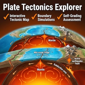 May include: An educational graphic titled "Plate Tectonics Explorer" shows a cross-section of the Earth with labels like "Mantle" and "Mid-ocean Ridge." It illustrates tectonic plate movement, including boundary simulations and an interactive tectonic map.