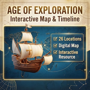 Puede incluir: Ilustración para un mapa interactivo y una línea de tiempo de la Era de la Exploración. La imagen presenta un barco de vela marrón detallado con velas blancas, sobre un fondo de mapa azul. El texto incluye "Age of Exploration" y detalles sobre el recurso.