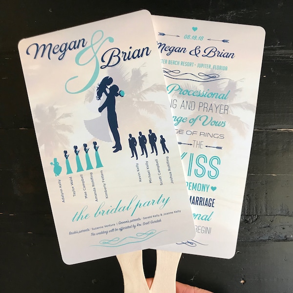 Bridal Party Silhouette | Custom Wedding Program Fans | Beach | Destination Wedding | Order of Events | Palm Trees | Aqua | Personalized