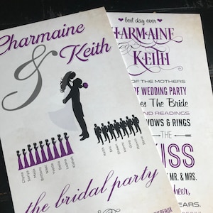 Bridal Party Silhouette | Custom Wedding Program Fans | Purple & Black | | Rustic | Vintage |  Destination/Beach Wedding | Order of Events