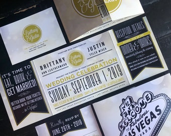 Las Vegas Wedding Invitation Suite: Custom Fold, RSVP Postcard