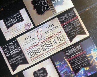 ラスベガスの結婚式招待状セット：カスタム折りたたみ、RSVPポストカード