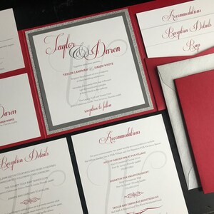 Metallic Red & Glitter Silver Pocket Wedding Invitation Suites | Personalized Wedding Announcements | Invitation Suites | Script | Custom