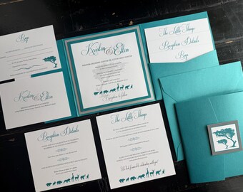 Zoo Themed Pocket Wedding Invitation Suite: Glitter Silver Accents
