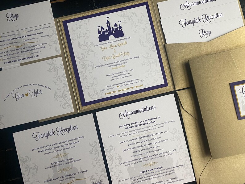 May include: Wedding invitation suite with a gold and purple color scheme. The invitation features a castle silhouette and elegant script. Includes RSVP, reception, and accommodation cards, and gold envelopes.