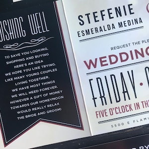 May include: A black and white wedding invitation with red accents. The invitation reads "Stefenie Esmeralda Medina" and "Wedding Ceremony" with the date "Friday - October" and time "Five O'Clock in the Evening".