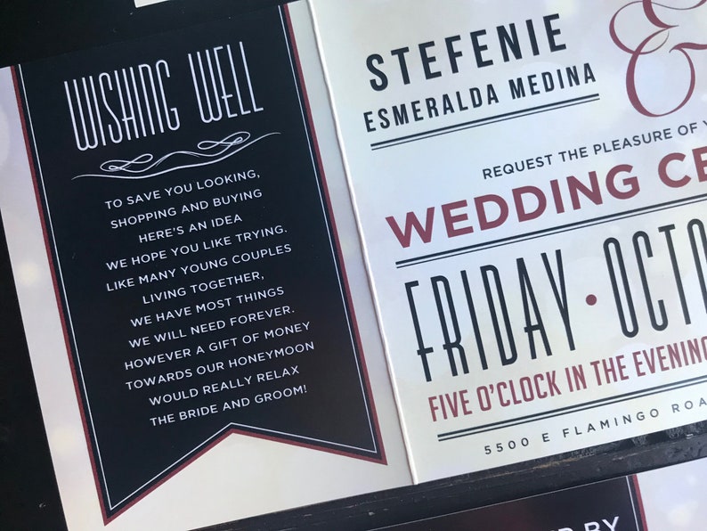 May include: A black and white wedding invitation with red accents. The invitation reads "Stefenie Esmeralda Medina" and "Wedding Ceremony" with the date "Friday - October" and time "Five O'Clock in the Evening".