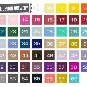 Puede incluir: Una carta de colores con 68 colores diferentes, numerados del 6 al 68. La carta est&aacute; etiquetada como "THE DESIGN BREWERY".