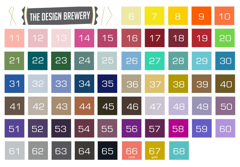 Puede incluir: Una carta de colores con 68 colores diferentes, numerados del 6 al 68. La carta est&aacute; etiquetada como "THE DESIGN BREWERY".
