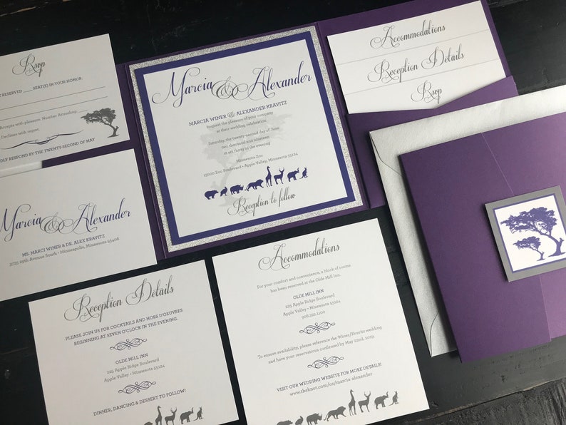 Zoo Themed Pocket Wedding Invitation Suites Metallic Purple & Glitter Silver Personalized Wedding Announcements Violet Zoo Animals zdjęcie 1