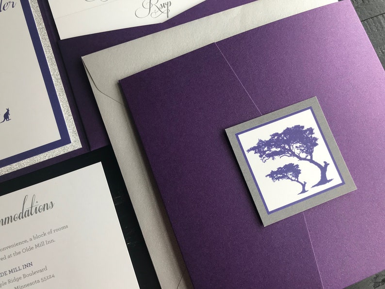 Zoo Themed Pocket Wedding Invitation Suites Metallic Purple & Glitter Silver Personalized Wedding Announcements Violet Zoo Animals zdjęcie 5