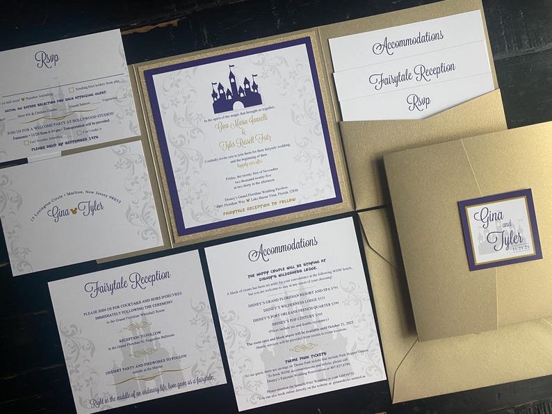 May include: Elegant wedding invitation suite with a gold and purple color scheme. The invitation features a castle graphic and the names "Gina" and "Tyler". Includes RSVP, reception, and accommodation cards.