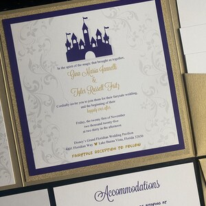 May include: Wedding invitation with a purple castle silhouette, gold accents, and floral design. The invitation includes the names Gina Maria Jannelli & Tyler Russell Fritz, and event details. The invitation is part of a set.