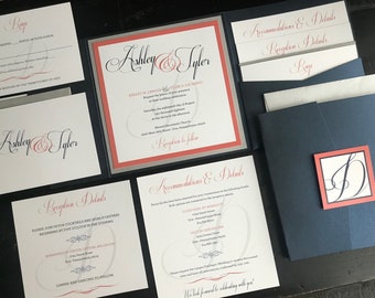 Metallic Navy, Coral & Silver Pocket Wedding Invitation Suites | Personalized Wedding Announcements | Invitation Suites | Script | Glitter