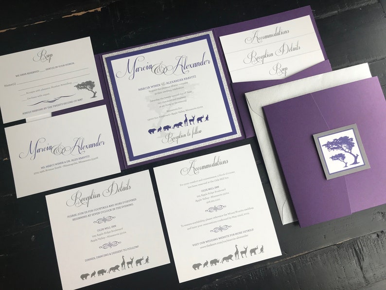 Zoo Themed Pocket Wedding Invitation Suites Metallic Purple & Glitter Silver Personalized Wedding Announcements Violet Zoo Animals zdjęcie 10
