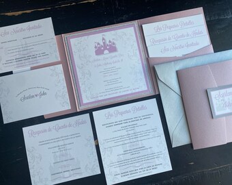 SPANISH Fairytale Wedding Invitation Suite: Castle, Metallic Pink & Glitter Silver