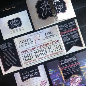 May include: Wedding invitation suite with black and white design featuring a script font with the names "Stefenie & Angel" and the date "Friday - October 25, 2019". The invitation includes details about the wedding ceremony and reception, as well as accommodation information.