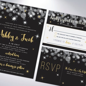 Sparkle Wedding Invitation Suite: Black and Gold RSVP Postcard