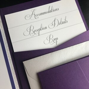 Zoo Themed Pocket Wedding Invitation Suites Metallic Purple & Glitter Silver Personalized Wedding Announcements Violet Zoo Animals image 4