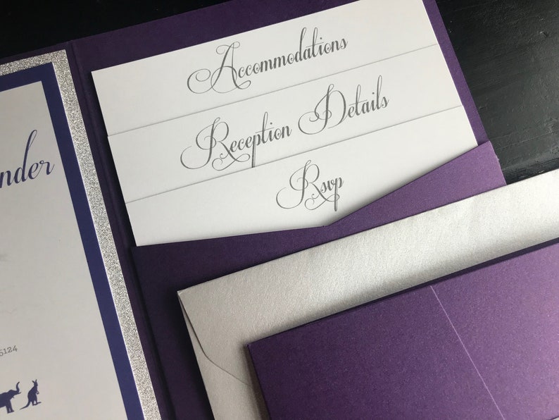 Zoo Themed Pocket Wedding Invitation Suites Metallic Purple & Glitter Silver Personalized Wedding Announcements Violet Zoo Animals image 4