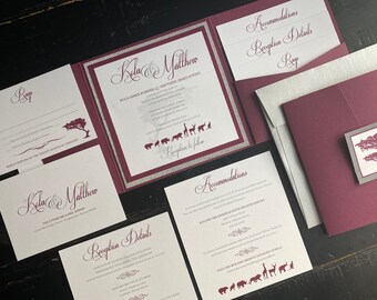 Zoo Themed Wedding Invitation Suite: Burgundy & Silver Pocket Design