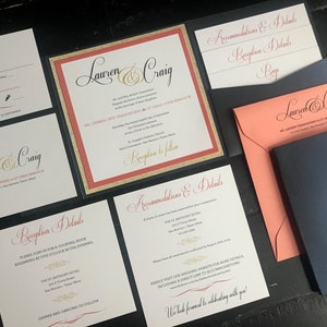 Coral, Navy & Glitter Gold Pocket Wedding Invitation Suites | Metallic | Pearlescent | Personalized Wedding Announcements | Invitation Suite