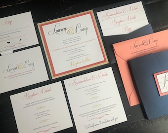 Coral, Navy & Glitter Gold Pocket Wedding Invitation Suite