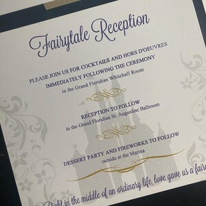 May include: A wedding invitation with the words "Fairytale Reception" in elegant script. The invitation includes details about the ceremony, reception, and dessert party, with a castle silhouette.